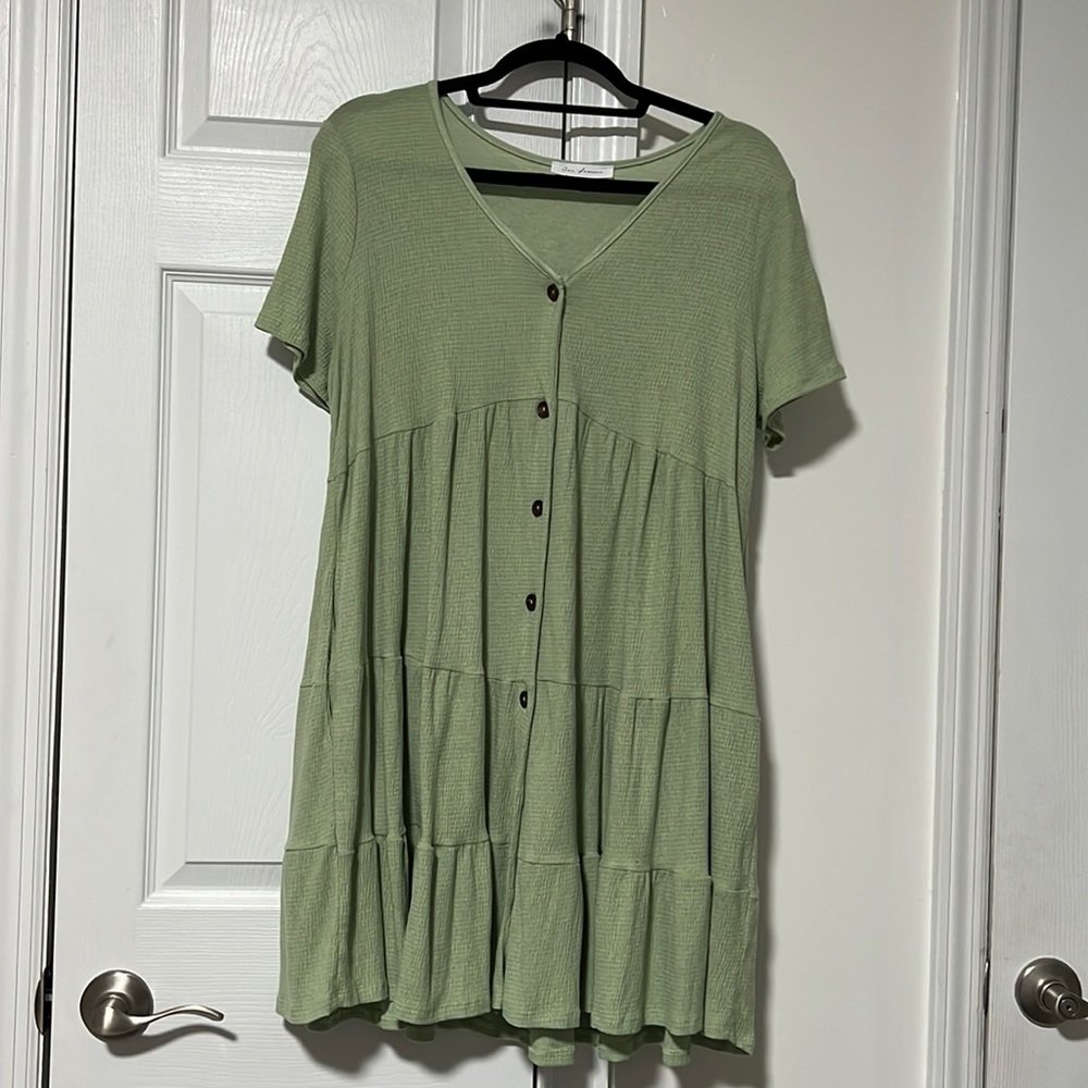 Light Olive Button Down Tiered Maternity Mini Dress, Size Large